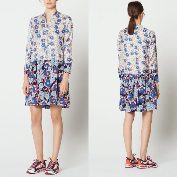 Sandro Mini Dress Multicolor Silk Floral Print Allover V-neck Long Sleeves - Picture 1 of 7